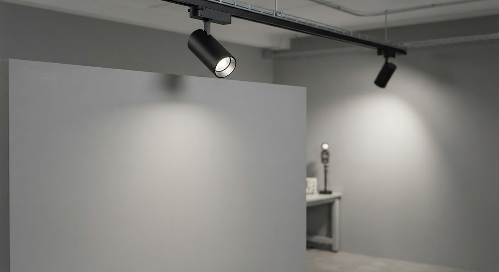 Low-level dimming test of a 4000K DALI LED track spotlight showing stable reduced light output.