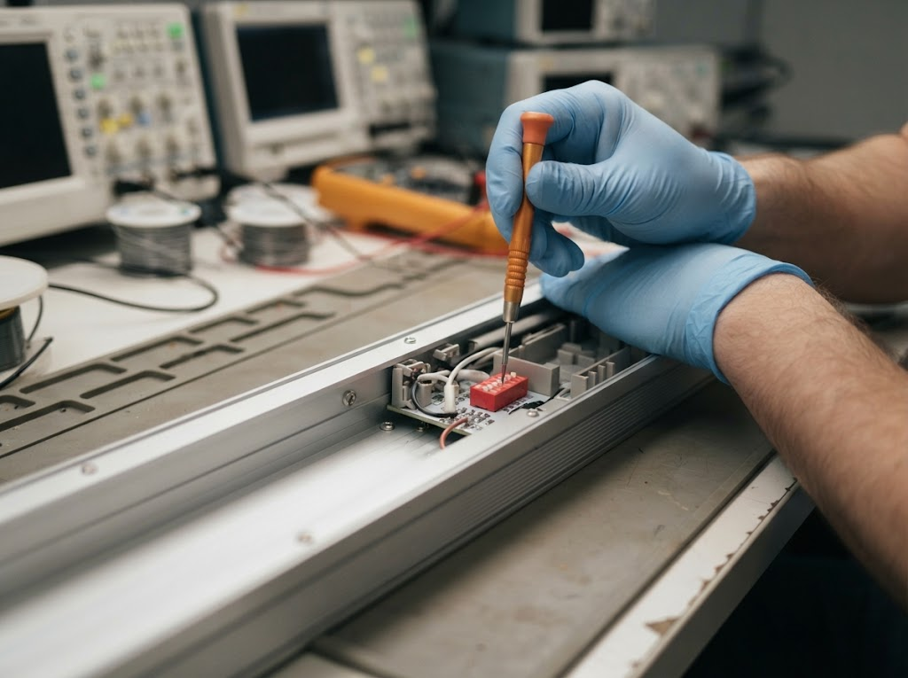 Technician adjusting a DIP-switch wattage selector on a commercial LED track linear light