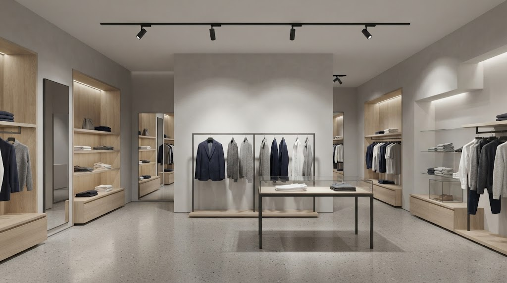 Layered retail lighting creating visual hierarchy between merchandise and circulation areas
