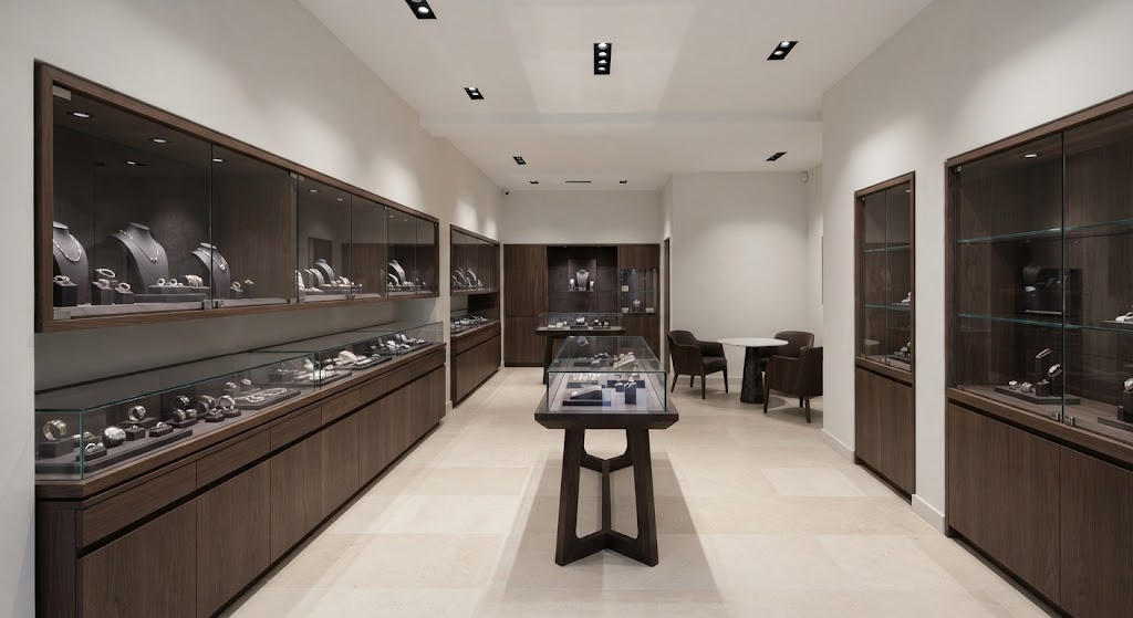 Low-glare LED spotlights illuminating jewellery displays in a contemporary European boutique.