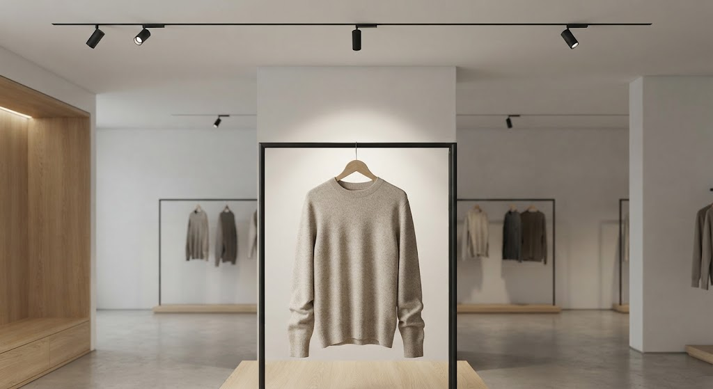 LED track spotlight creating focused accent lighting on a fashion display