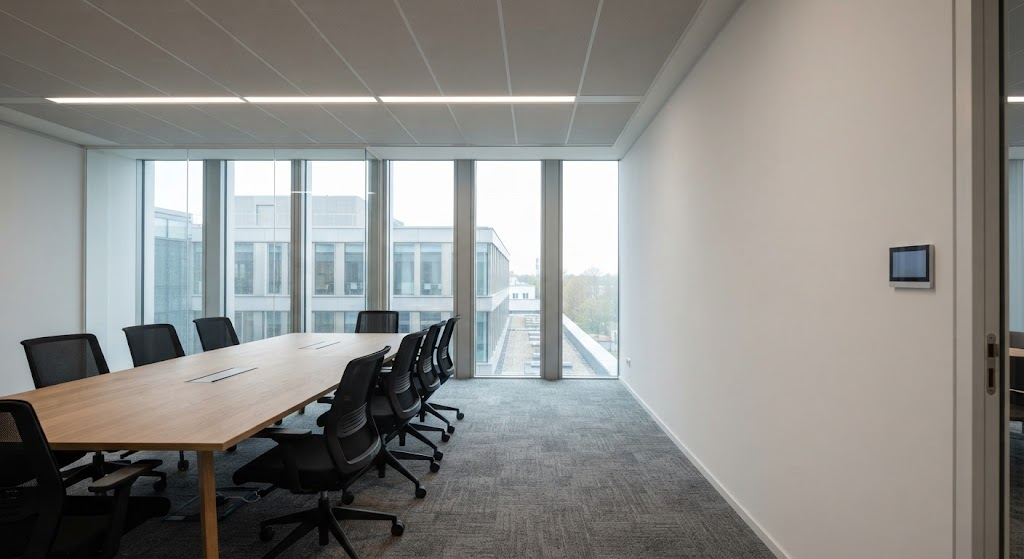 Smart LED lighting with daylight dimming in a modern commercial meeting room.