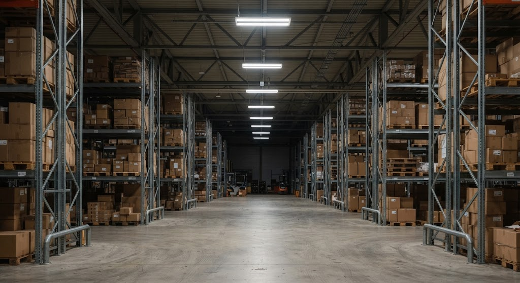 LED high-bay lighting illuminating tall warehouse storage aisles in a commercial retrofit project.