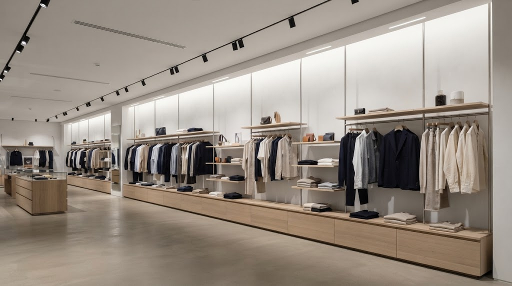Vertical wall lighting illuminating clothing displays in a modern retail store