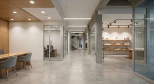 Modern commercial interior after an energy-efficient LED lighting retrofit with multiple controlled lighting zones.