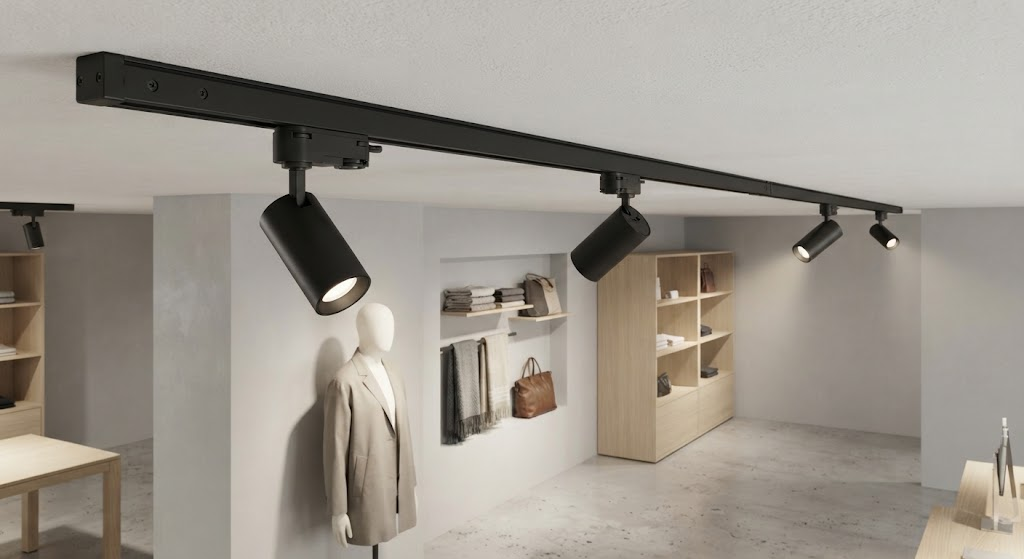 Inbetriebnahme und Prüfung einer DALI-gesteuerten Retail-Beleuchtungsanlage mit LED-Track-Strahlern.