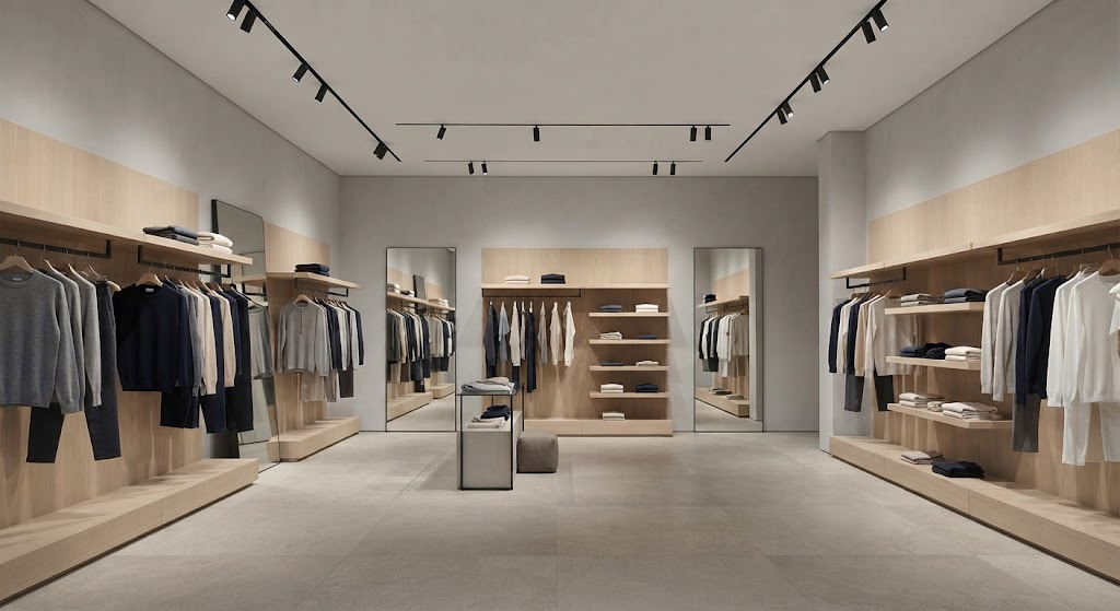 Glare-controlled LED track lighting creating comfortable illumination in a retail store