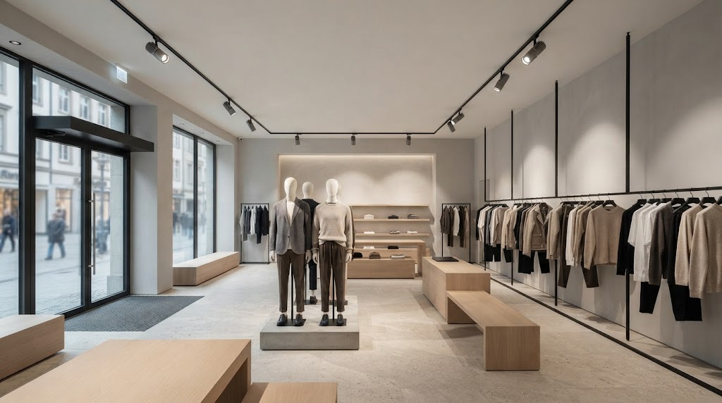 Contemporary German fashion store using layered LED track lighting to highlight clothing displays and feature areas.