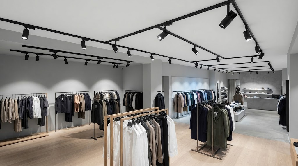 Focos LED en carril controlados individualmente mediante DALI-2 en una tienda de moda
DMX
