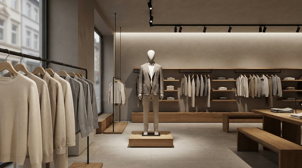 Ambient, accent and vertical lighting used together inside a contemporary European clothing store.