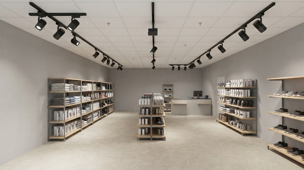 Spots LED sur rail avec variation 0–10 V dans un espace commercial fonctionnel