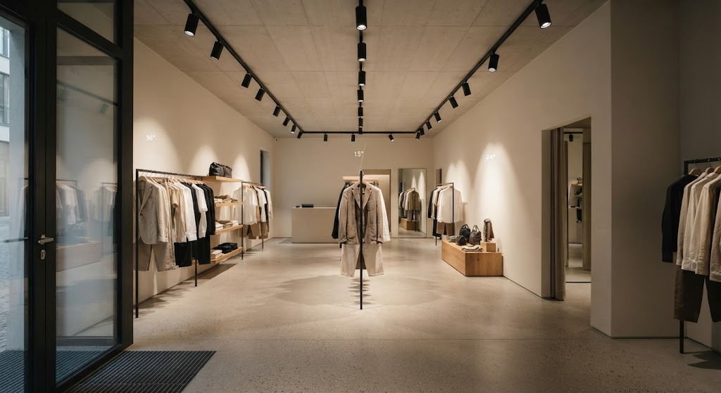 Moderner Modehandel mit schwarzem Stromschienensystem und zonierter LED-Beleuchtung im Eingangsbereich.