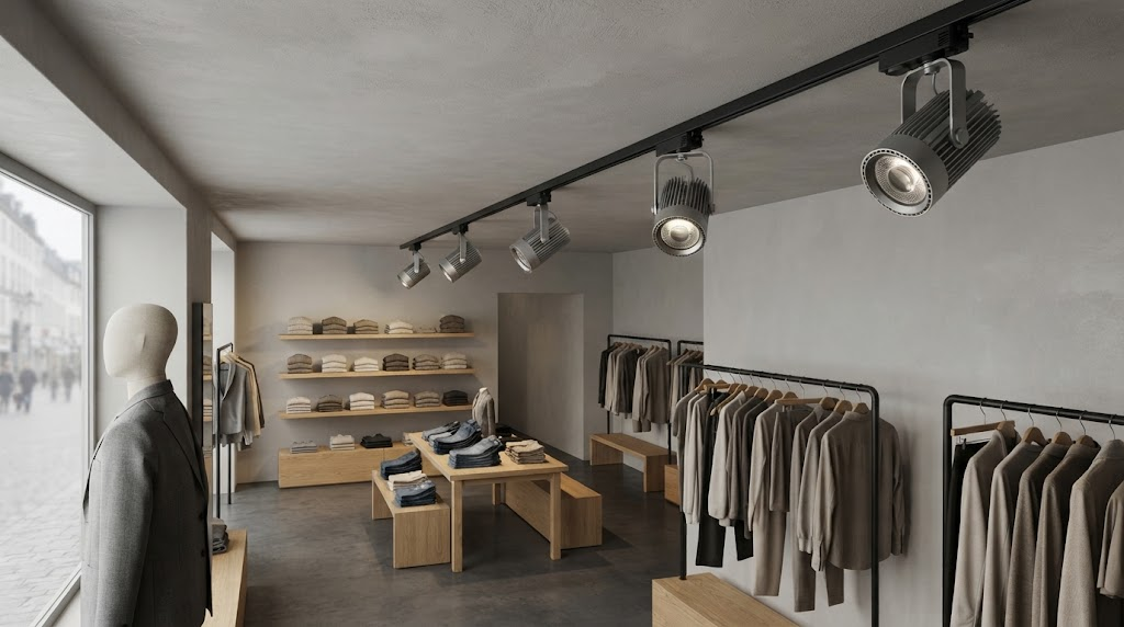 Even vertical wall illumination highlighting clothing displays in a modern European fashion store.
