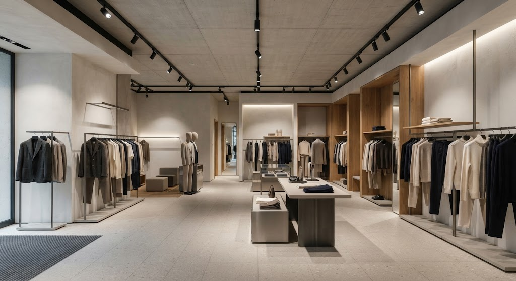 Großzügige 500-m²-Modeboutique mit flexibler LED-Stromschienenbeleuchtung.
