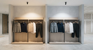 Comparación visual entre iluminación LED de 3000 K y 4000 K en una tienda de moda.