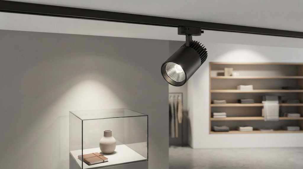 LED track spotlight delivering focused illumination to a retail product display