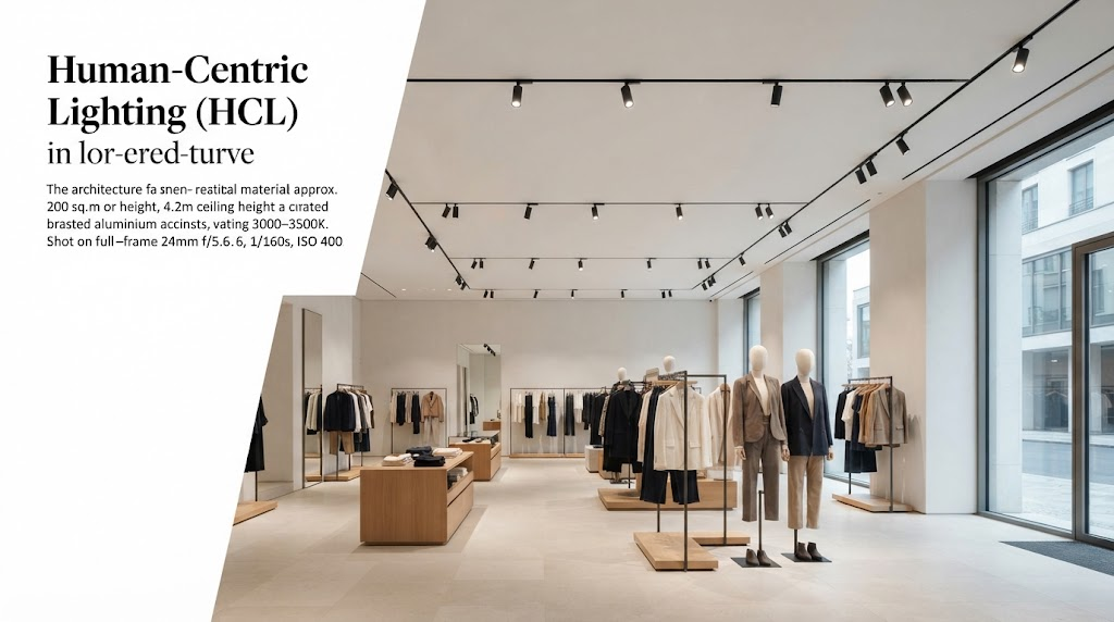 Human-centric lighting design in a modern European retail store with balanced daylight, track lighting and vertical illumination