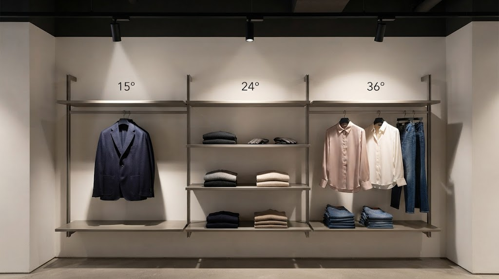 Retail track spotlights using narrow, medium and wide beam distributions to create different levels of visual focus