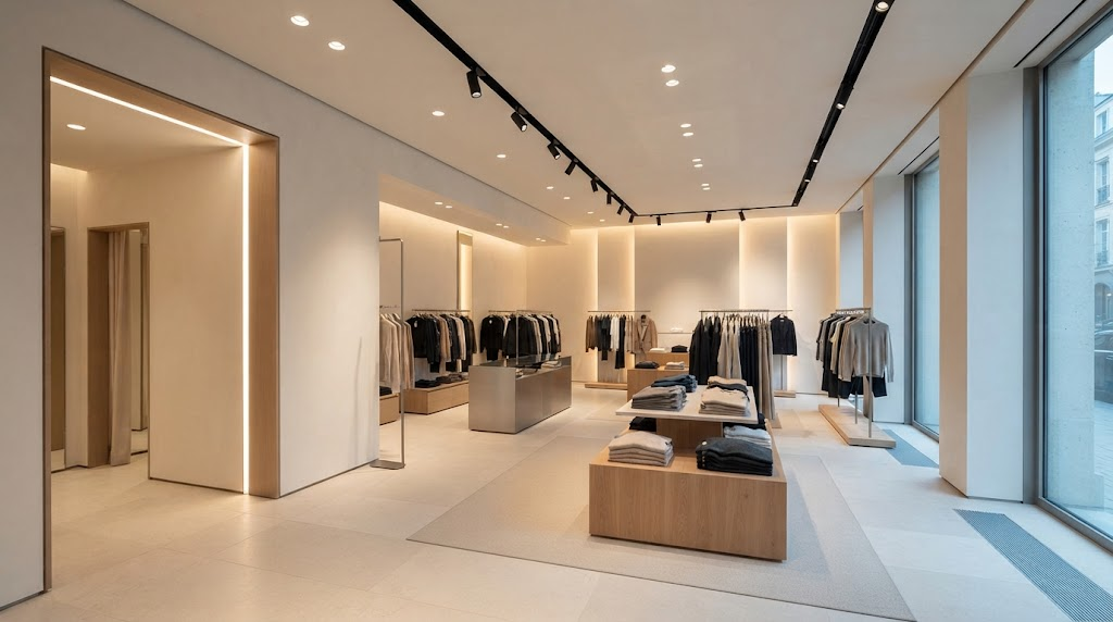 Human-centric lighting combining ambient, accent, vertical and daylight illumination across different retail zones