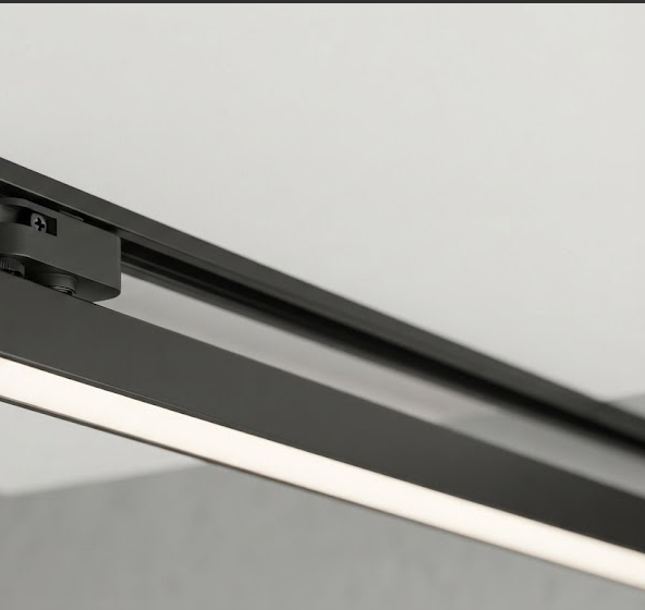 Close-up of an LED linear luminaire mounted on an electrified retail lighting track