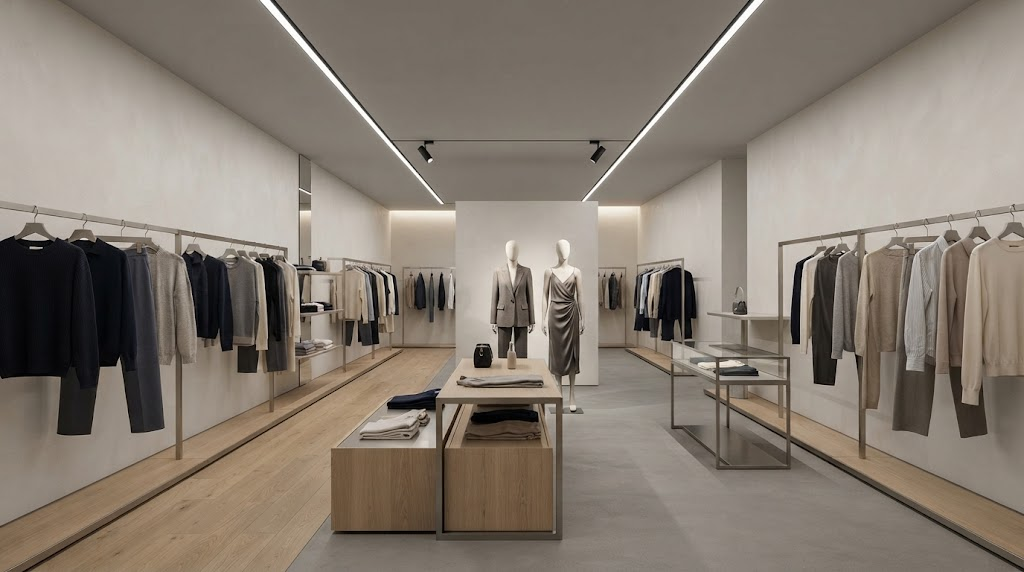 Different LED linear lighting distributions illuminating retail display areas