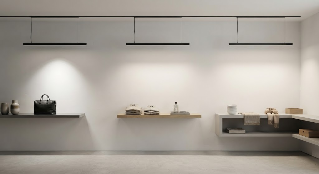 LED linear track lighting used with accent spotlights in a European fashion store