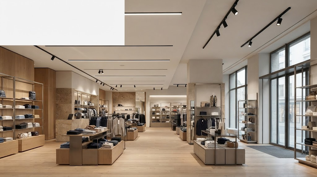 Zoned LED lighting system illuminating different areas of a modern supermarket