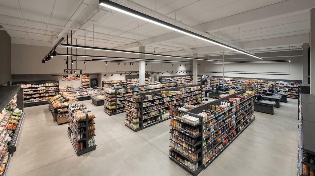 Smart LED lighting zones in a modern European retail store