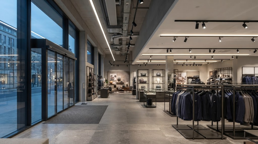 Energy-efficient LED lighting used across multiple zones in a European department store
