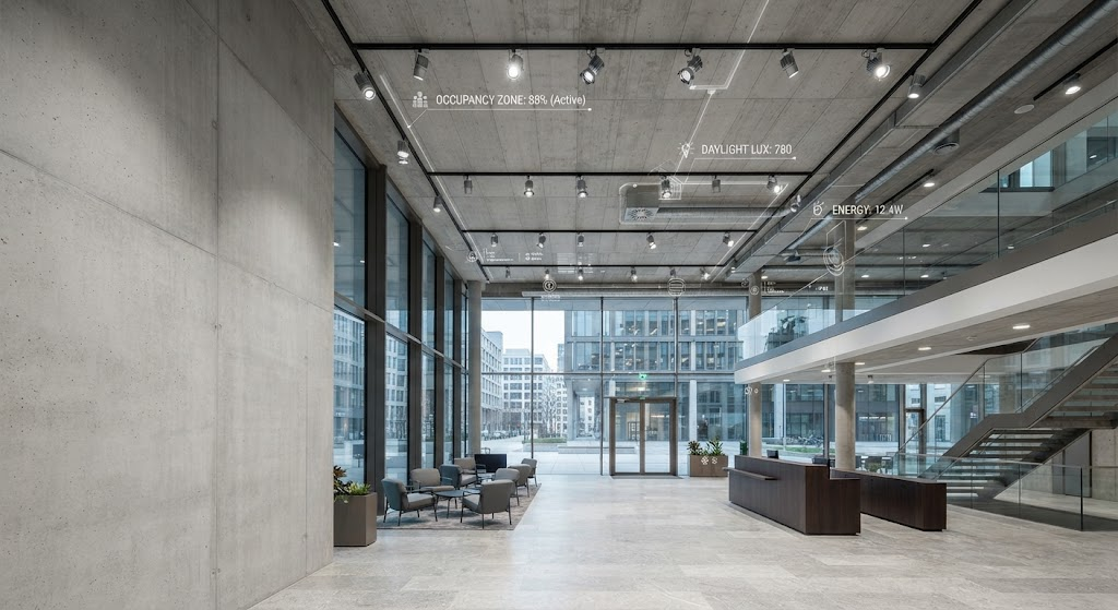 AI-enabled commercial LED lighting system combining smart controls, occupancy sensing and adaptive illumination in a modern office lobby.