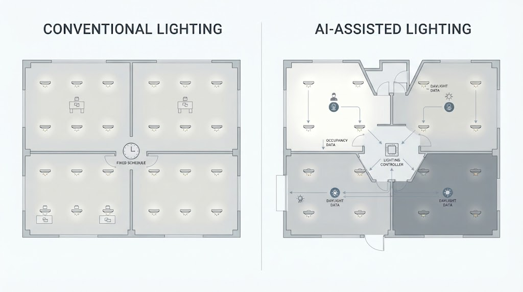 Comparison of conventional fixed lighting control and AI-assisted commercial lighting using occupancy and daylight data.