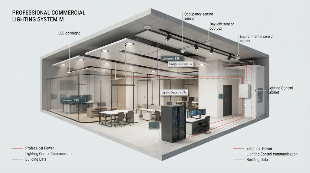 Commercial LED lighting architecture connecting luminaires, occupancy sensors, daylight sensors, controls and building management systems.