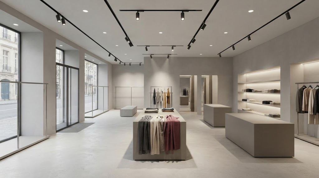Adaptive LED lighting in a fashion retail store with different lighting levels for sales areas, displays and circulation zones.
