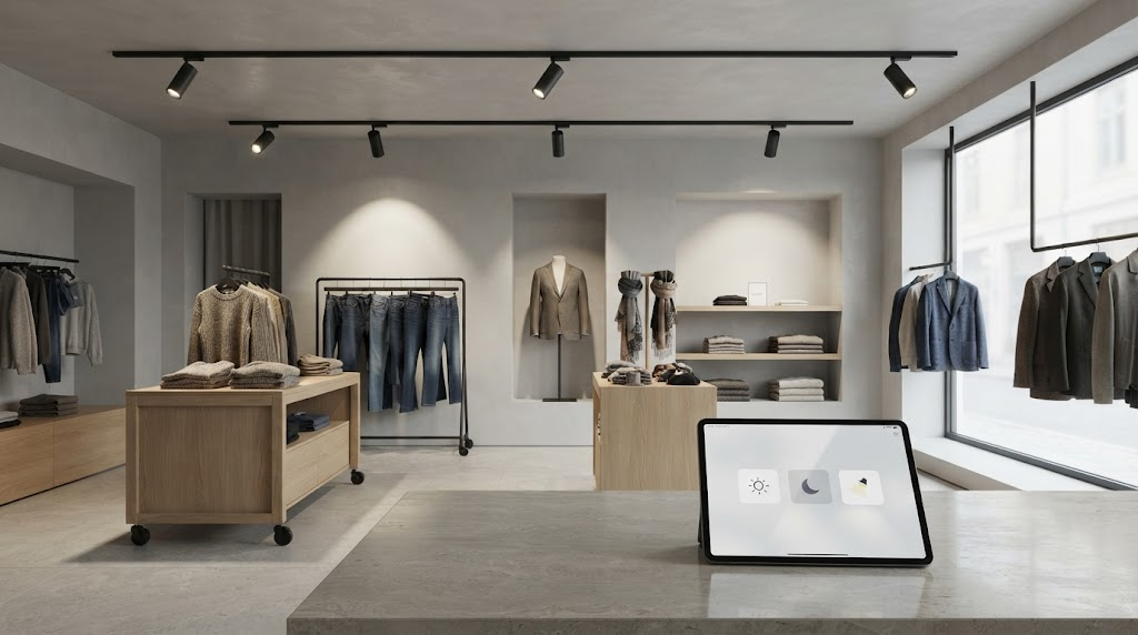 Wireless Casambi lighting control with adjustable LED track spotlights in a fashion boutique