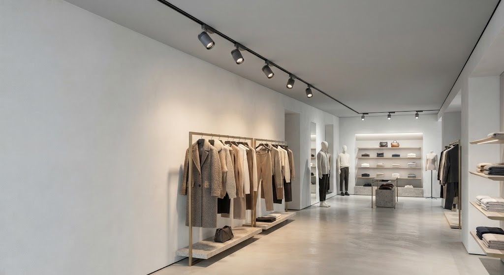 16CCT LED track lights providing adjustable colour temperature options in a modern fashion retail store