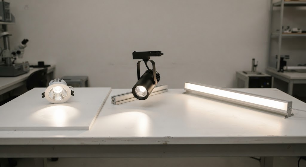 Three commercial LED luminaires demonstrating different optical and energy-efficiency characteristics.