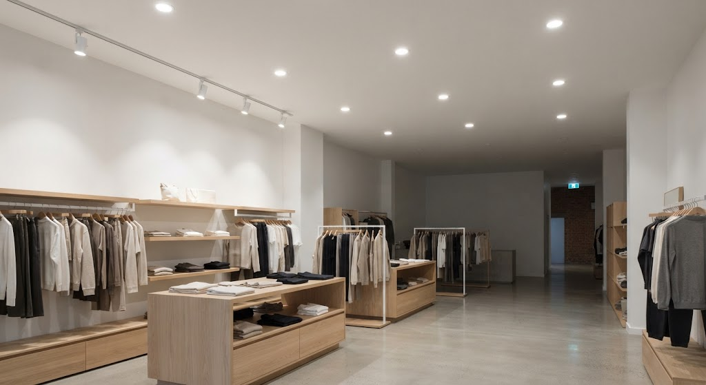 Modern retail showroom using dimmed LED lighting to reduce unnecessary energy consumption.