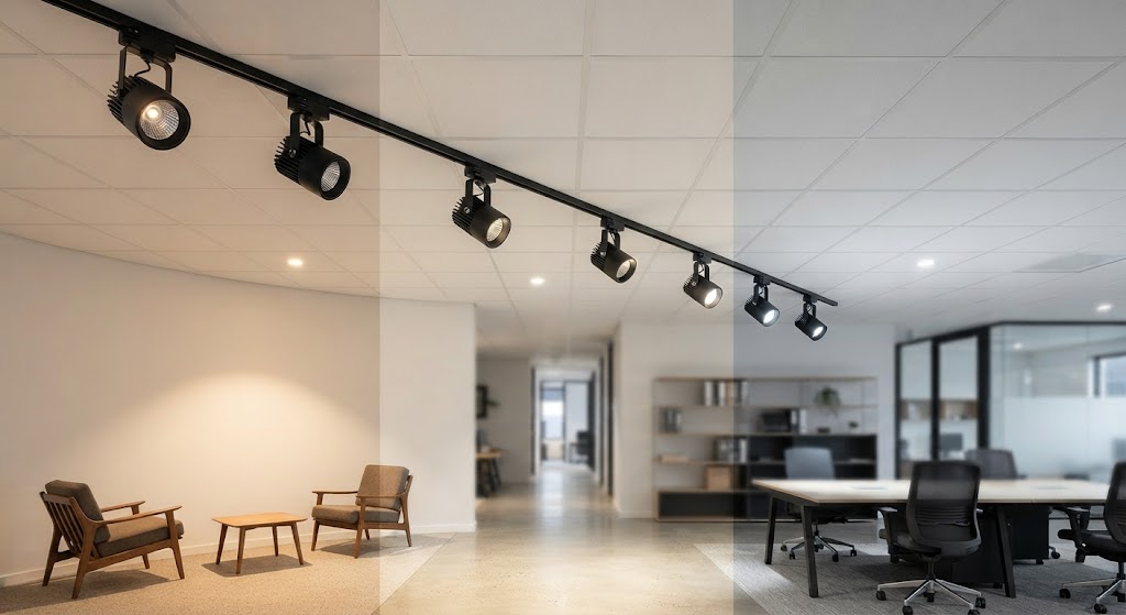 DALI-2 style tunable white commercial lighting with three independently controlled colour-temperature zones.