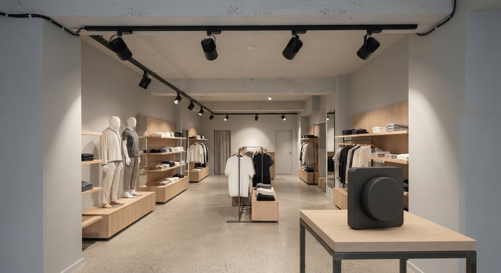 Wireless tunable white LED track lighting installed during a commercial retail retrofit.