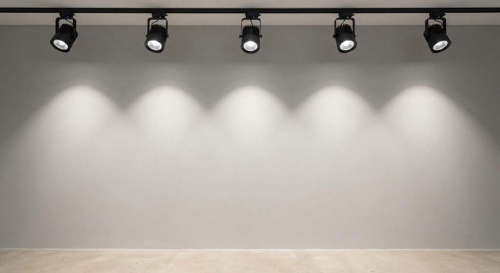Five LED track spotlights producing consistent 4000K white light for commercial lighting applications.