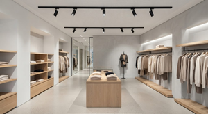 Modern fashion store using 4000K tunable white LED track lighting with different beam angles for retail displays.