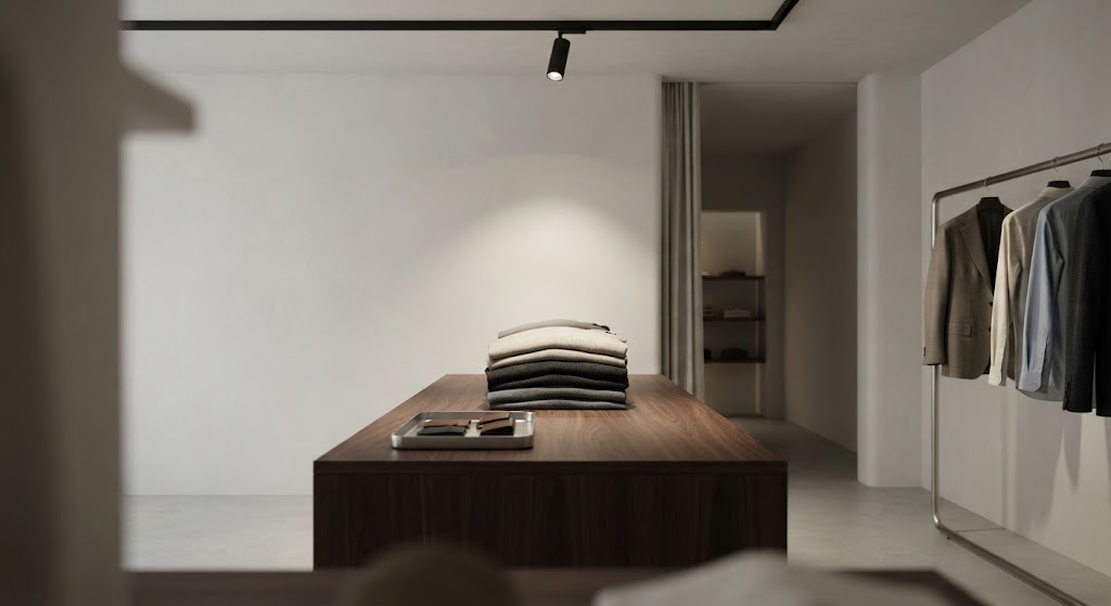Accent spotlight creating a focal point on a fashion product display inside a modern boutique.