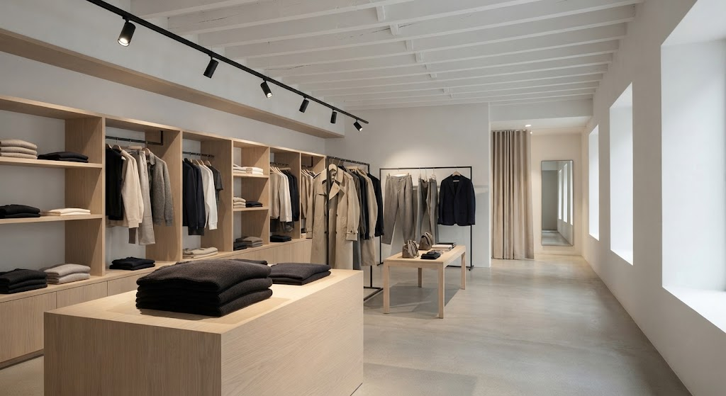 Layered retail lighting creates different levels of visual attention across a clothing store.