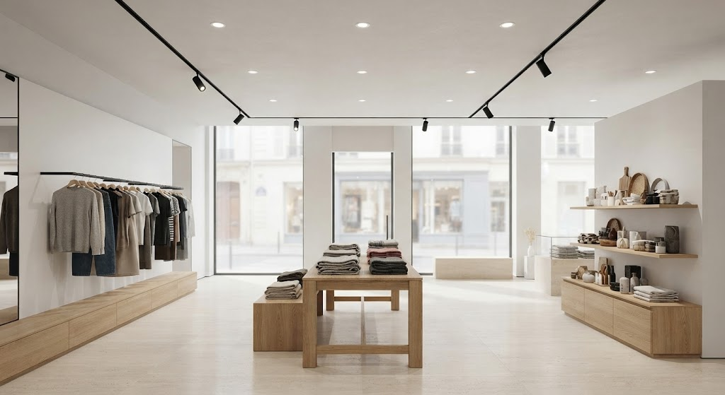 Energy-efficient retail lighting uses controlled LED spotlights to illuminate merchandise without excessive ambient light.