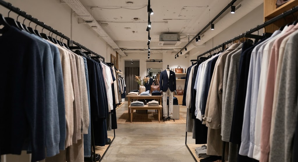 Linear LED track light viewed between clothing racks in a neutral-white fashion retail interior.