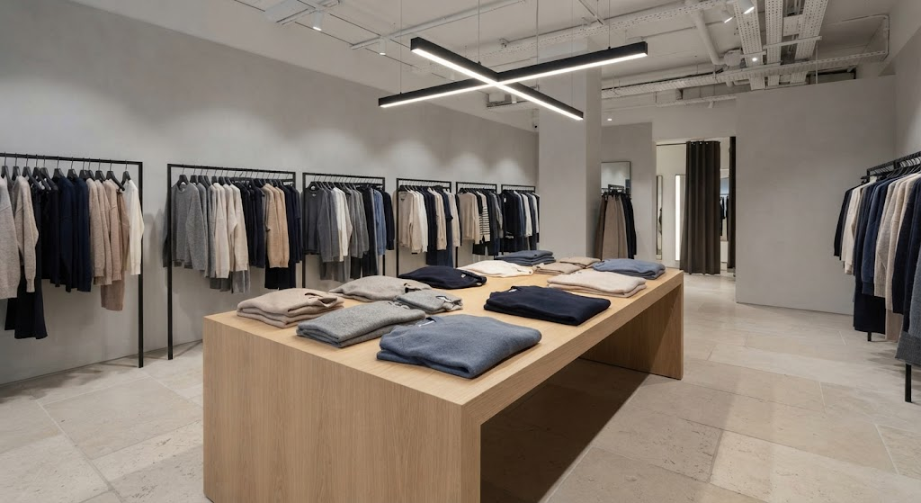 Central fashion display table illuminated by black linear LED track lighting in a European retail store.