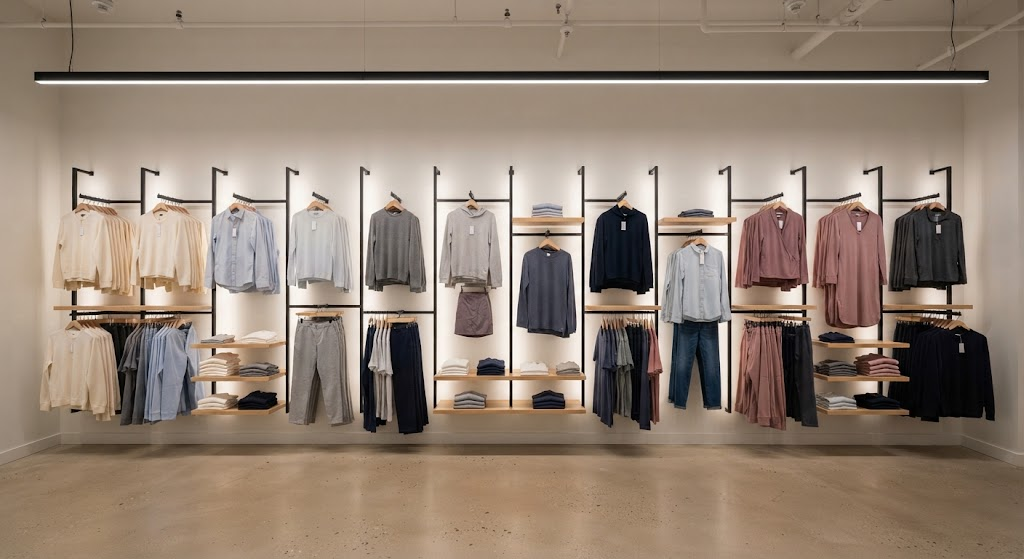 Vertical clothing display illuminated evenly by linear LED track lighting in a modern fashion store.