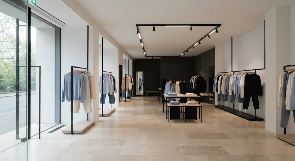 Daylight entering a European fashion store combined with 4000K linear LED track lighting.