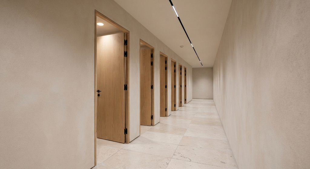 Neutral-white linear LED track lighting illuminating a fashion store fitting-room corridor.