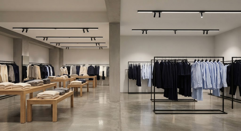 Fashion retail lighting comparison showing different linear LED power levels under balanced 4000K illumination.